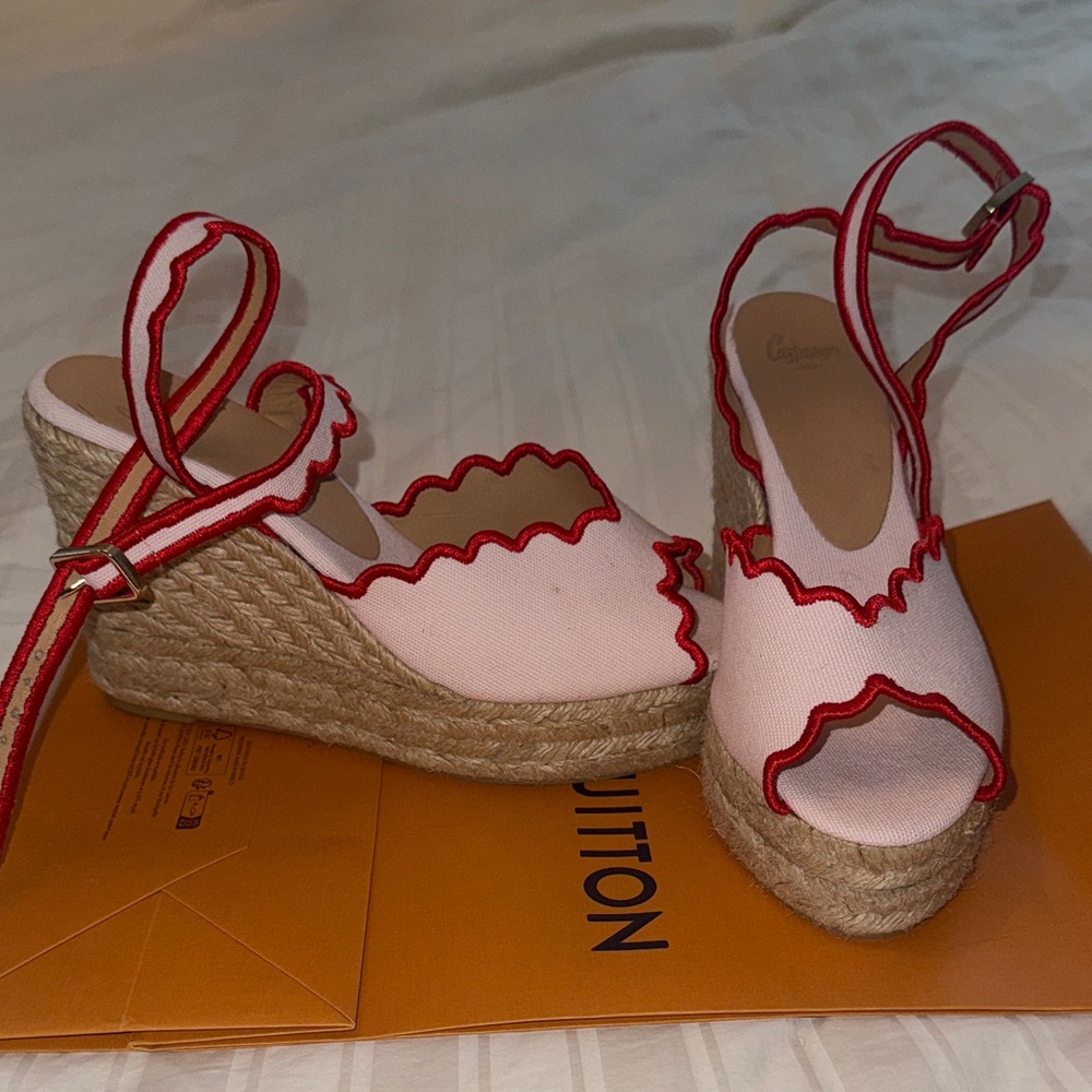 Castaner Pink Red-Trim Wedge Espadrille Sandals. Size 37 which is US 6.5-7